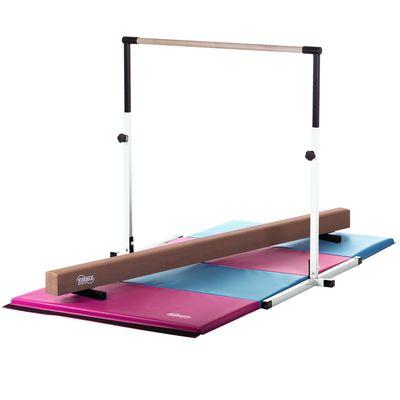 Little Gym - White Adjustable Gymnastics Bar, 8ft Long Tan Suede Balance Beam, 4ft X 8ft Pink and Light Blue Folding Mat