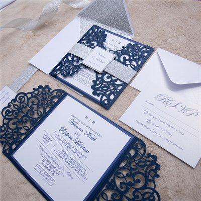 Navy Blue Laser Cut Wedding Invitations with Glitter Belly Band and Seal.