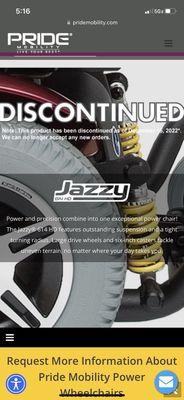 Proof that the jazzy 614hd was Discontinued December 2022 before it was delivered to me...