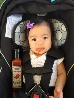 Palo Alto Fire Fighters pepper sauce Vendor. (No she's not eating hot sauce!)