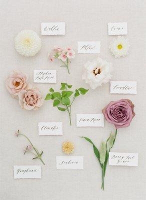 Floral Details, styled with Tanya and our florist, Bonnie with Petal + Posy. Calligraphy by Fancy Cat Studio.