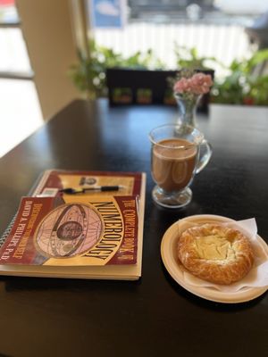 Mocha with an extra shot of espresso and a warmed cheese danish.