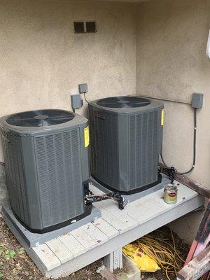 Trane 2 stage A/C two 3 ton units for my client. We processed his rebates also for him. We sell Trane!