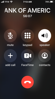 56:07 minutes on hold w/Bank of America credit card dispute number. NO ONE PICKED UP PHONE CALL!