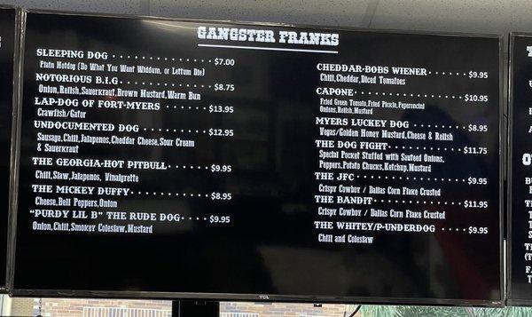 Partial menu with Gangster Franks