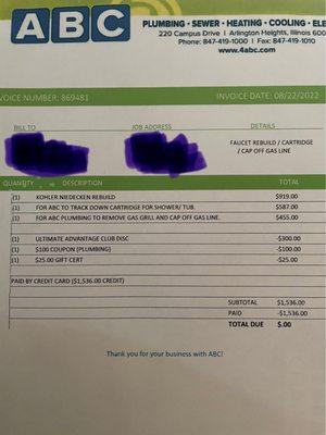 Invoice that shows ridiculous amount they charge for little work done poorly