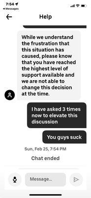 End of discussion with Uber Eats Customer Service