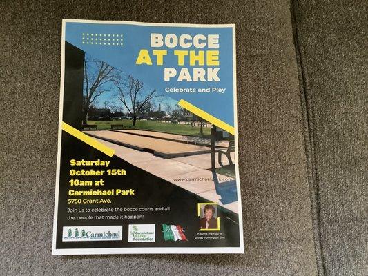 Don't know how to play Bocce, no problem, we will have instructors 10am/11, mini tournament to follow.  Join us!