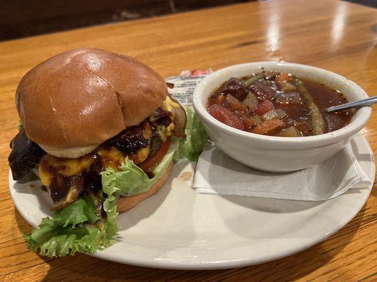 Brisket burger with sausage & veggie soup