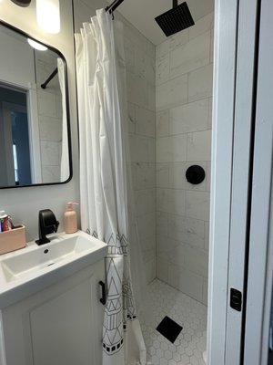 New bathroom converted from a small pantry & even smaller water closet (a toilet in a room, not even a sink!)