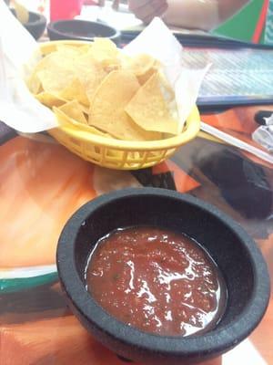 Delicious chips and salsa given for free. Ask for the hot sauce to add to it!