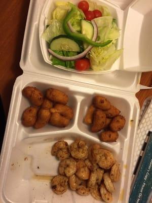 Large shrimp with double hush puppies and a salad - takeout