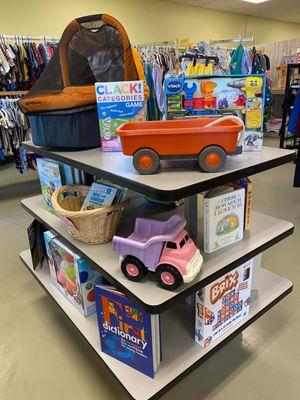 We carry toys, books, clothing, baby gear and more!