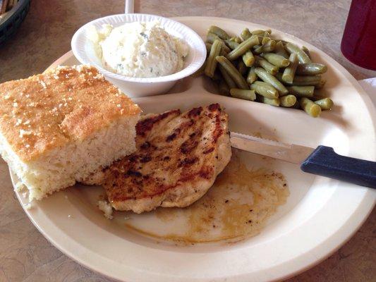 Marinated grilled chicken is sooo good! Some of the chicken is hiding under the cornbread. Green beans and potato salad.