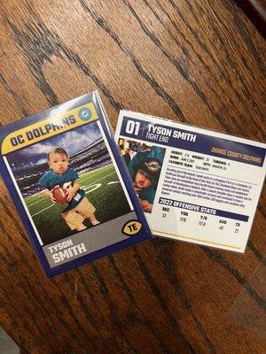 Front and back sides of our custom football trading card!