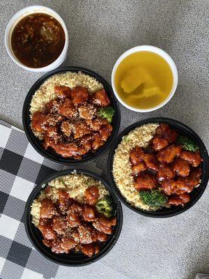 General Tsaos Chicken with Pork Fried Rice (wonton soup) Sesame Chicken with Pork Fried Rice (hot and sour soup)