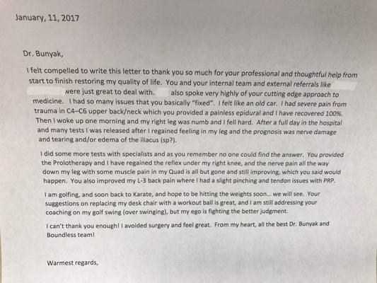 Patient note: "I felt compelled to write to thank you so much for your professional and thoughtful help ... restoring my quality of life."