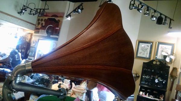 Beautiful phonograph, horn is custom made from wood.