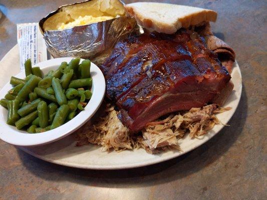 Baby Back Ribs, Pulled Pork, Sliced Brisket with 2 sides