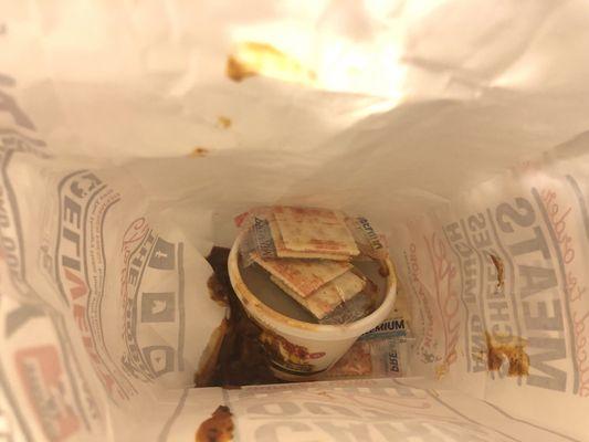 The styrofoam container of Hungry Hobo chili that exploded in the bag before my husband had a chance to eat it.