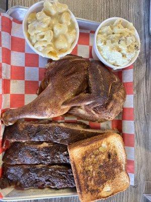 Ribs, chicken, Mac n cheese, potato salad, Texas toast