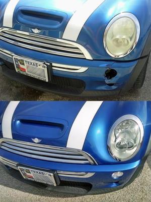 My wife's MINI Cooper S before and after being repaired.