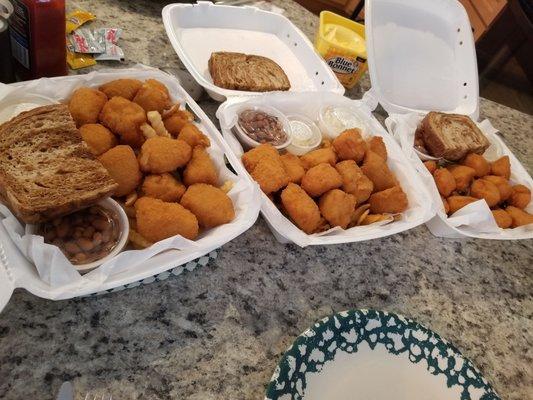 3 ten piece cod fish fry with rye bread, beans, and assorted potatoes