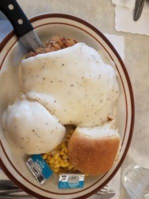 $10.25 Chicken Fried Steak, Mashed Potatoes, Corn & Roll