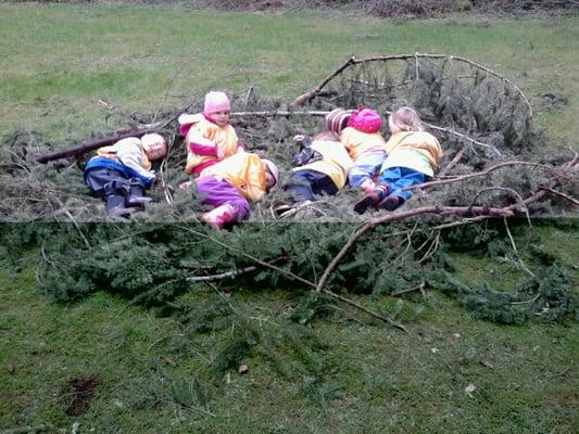 The kids made their own bird nest then pretended to be baby birds.