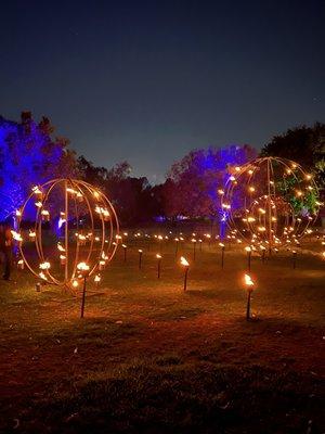 A Fire Display. A Walking Trail with Holiday Lights & Decorations @ Lightscape @ The LA Arboretum Christmas 2021