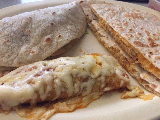 Car taco, beef enchilada and a chicken quesadilla