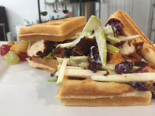 Bourbon Fried Chicken Waffle Sandwich with Apple slaw