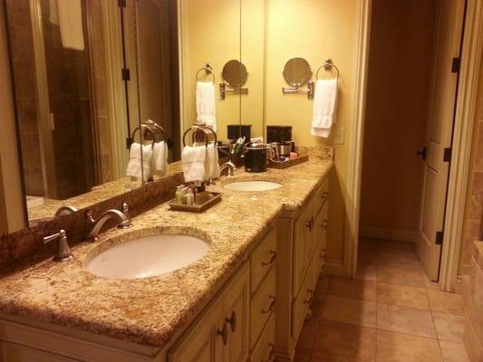 The Venetian. Sink area with coffee and snacks and toiletries.