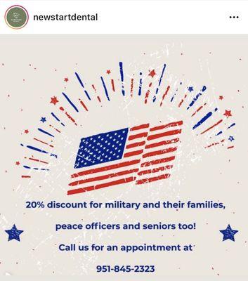 20% discount for ALL military members and their families, peace officers and seniors too!