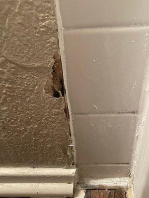 The bathroom wall where you can see how the tub resurface went as well as the hole in the wall. I put in a work order it was not fixed