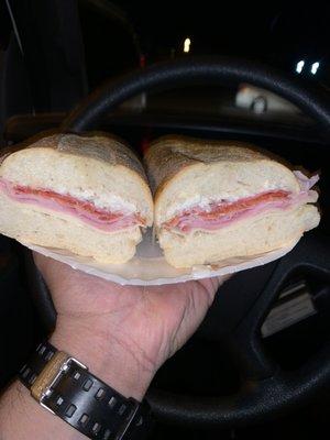 Ham, salami and pepperoni with provolone, onions, mayo and light oil vinegar with salt, pepper and oregano.