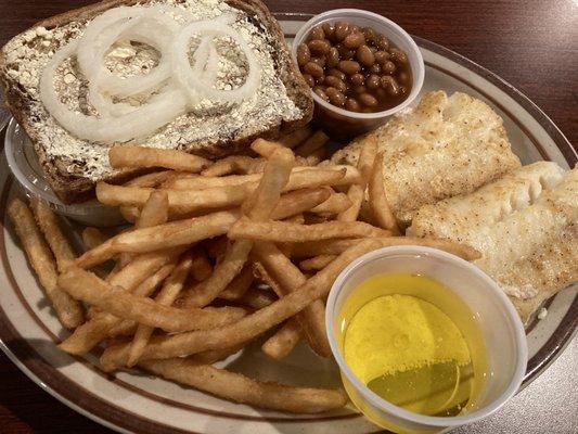 Broiled haddock w/fries, baked beans, coleslaw & rye bread