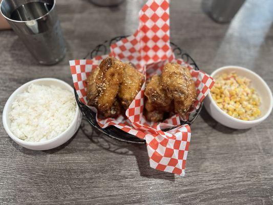 Half honey half original soy wings w/ rice and corn salad