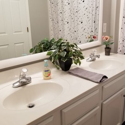 Adding greenery gives a pop of color in a bathroom.