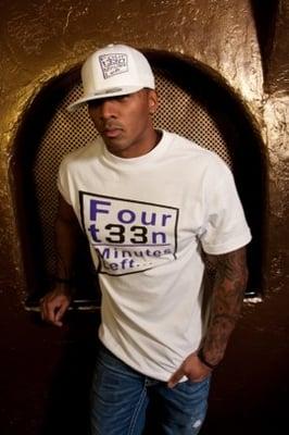 Fourt33n Minutes Left... guys T-Shirt w/ "slant box" logo White & Flexfit Fourt33n Minutes Left... White hat w/Purple&Black logo