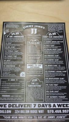 The 1st menu from Jimmy Johns showing $5.99 for club sandwiches...