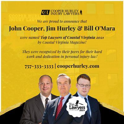 2021 Top Lawyers of Coastal Virginia: John Cooper, Jim Hurley and Bill O'Mara.