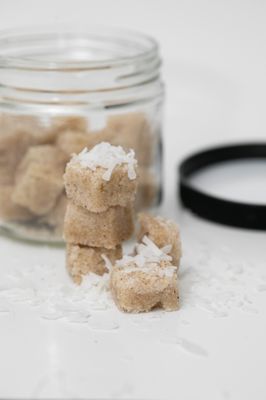 COCO BAE sugar cubes.  Can't spill the tea without a little sugar! Made with coconut shavings, cumin, and nutmeg.