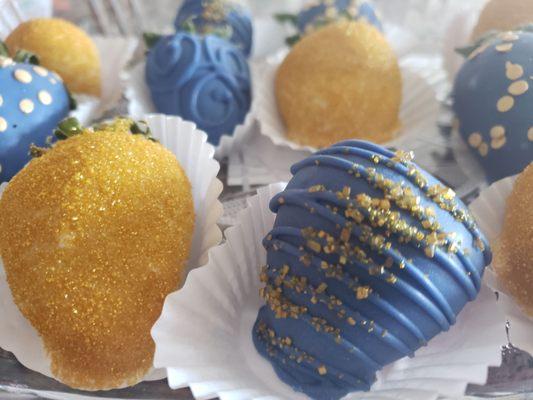 Blue and gold chocolate covered strawberries