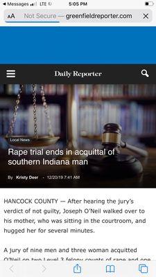 NOT GUILTY all counts in Hancock County rape and sexual battery jury trial.