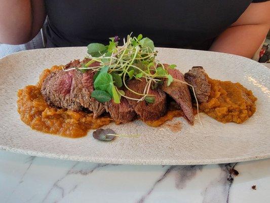 Poor Man's Filet with Barqs root beer sweet potatoes