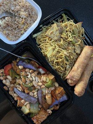 Kung Pao Tufu with Eggplants with Fried Rice. Singapore Rice Noodle with Shrimps & various meets. Both come with side egg rolls.