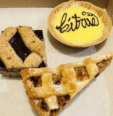 Schnitte (top left), Citrus Tart (top right), Apple Pie (bottom)