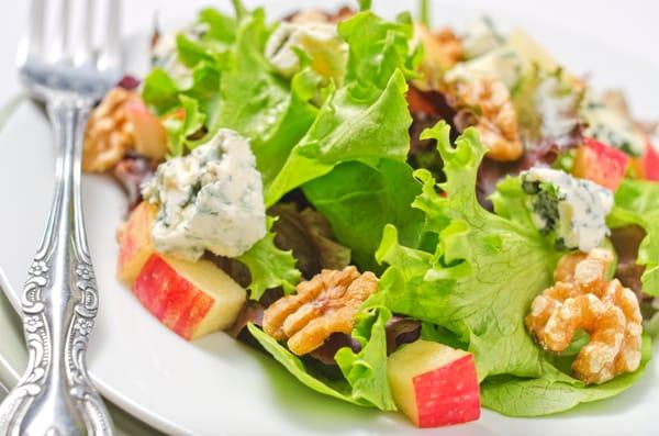 Apple Salad with Mixed greens, Apples, walnuts, dried cherries, blue cheese and apple cider vinaigrette.