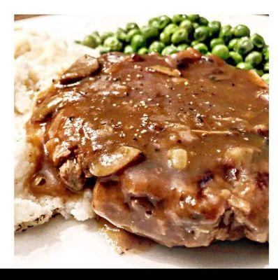 Mushroom Smothered portobello steak 
Mashed Taters 
Sweet peas